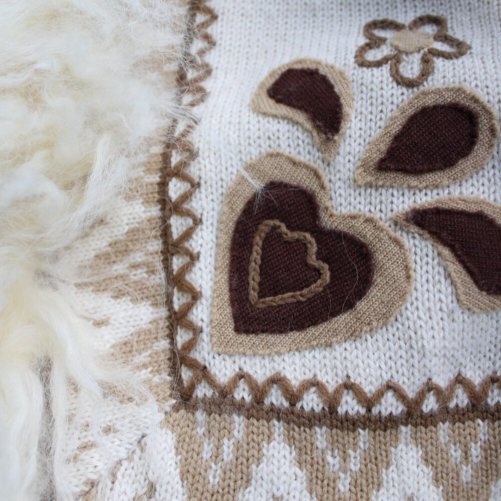 vintage Mongolian Curley lamb wool cardigan cowichan sweater jacket aplique M - Picture 11 of 12